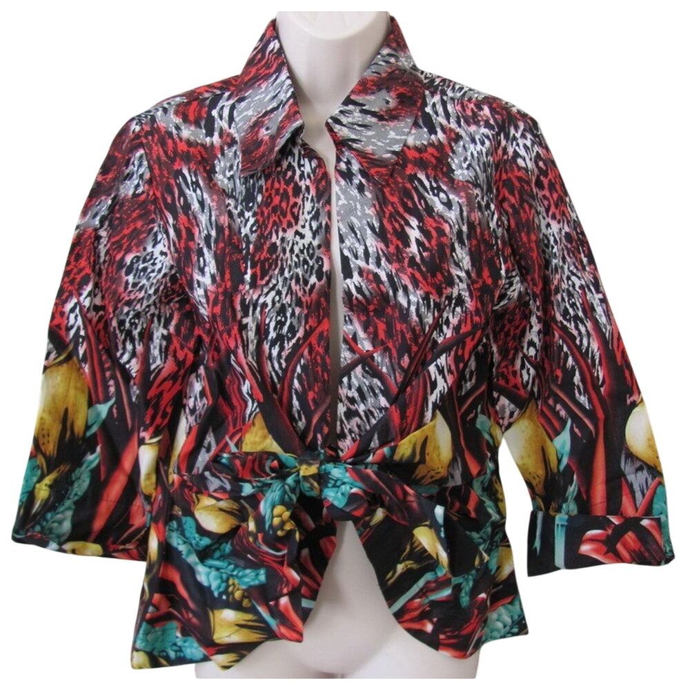 New MISHCA MISCHA Womens Medium Tie Front Flower Floral Top Blouse 3/4 Sleeve